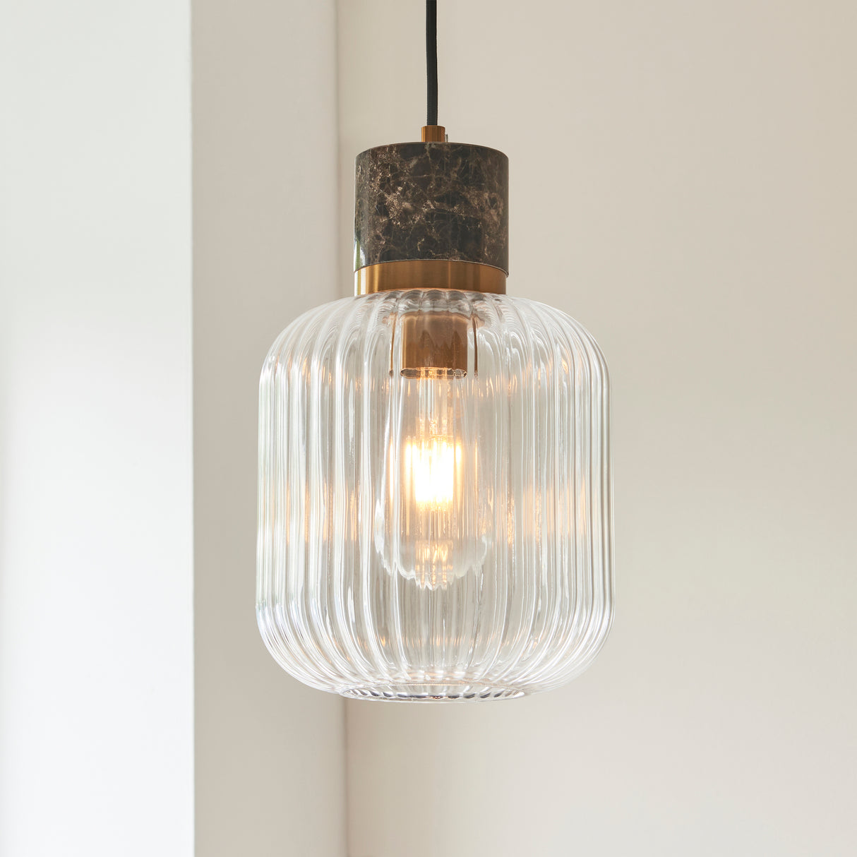 Endon Travi Ribbed Pendant Dark brown Emperador marble, vintage brass & clear ribbed glass