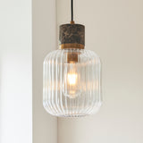 Endon Travi Ribbed Pendant Dark brown Emperador marble, vintage brass & clear ribbed glass