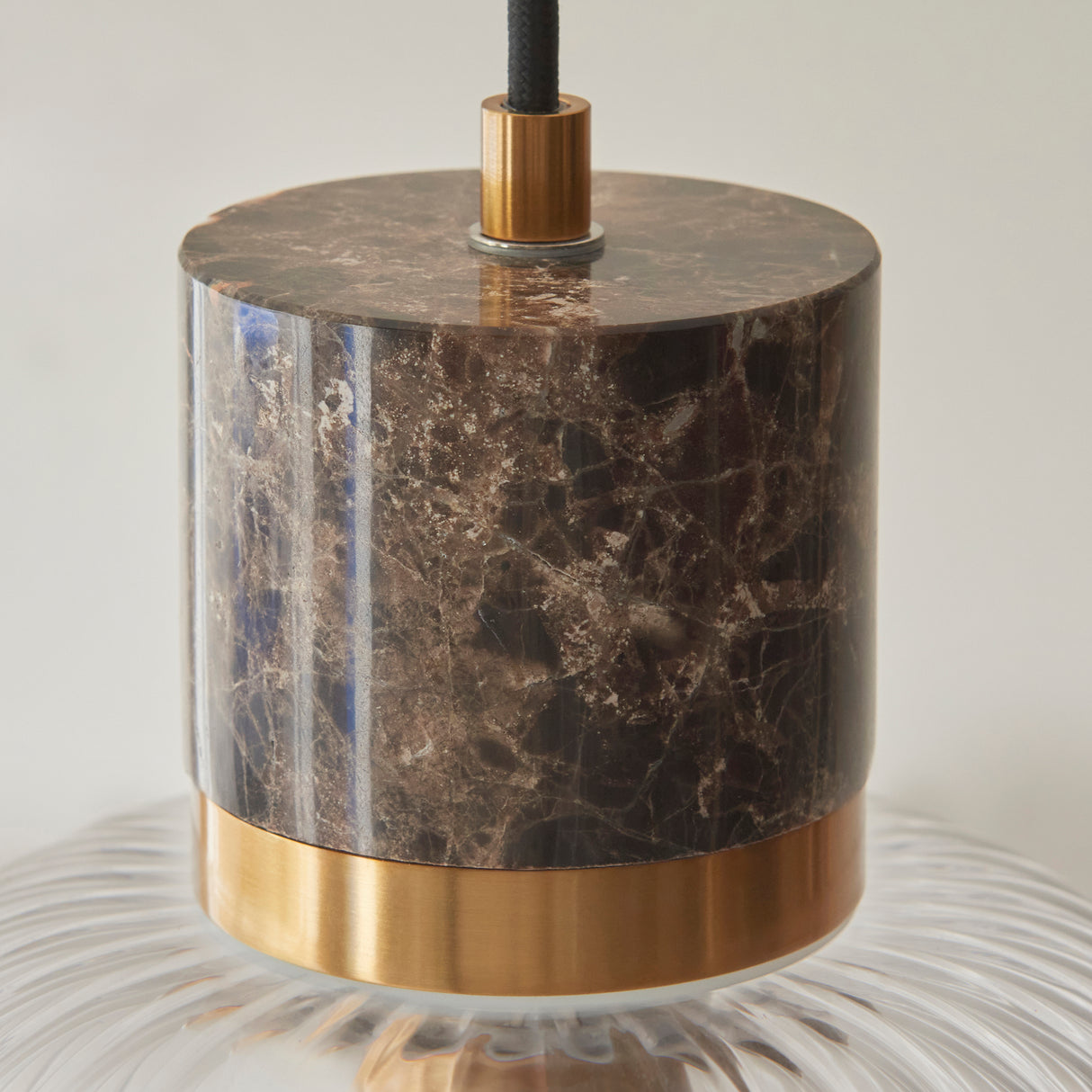 Endon Travi Ribbed Pendant Dark brown Emperador marble, vintage brass & clear ribbed glass