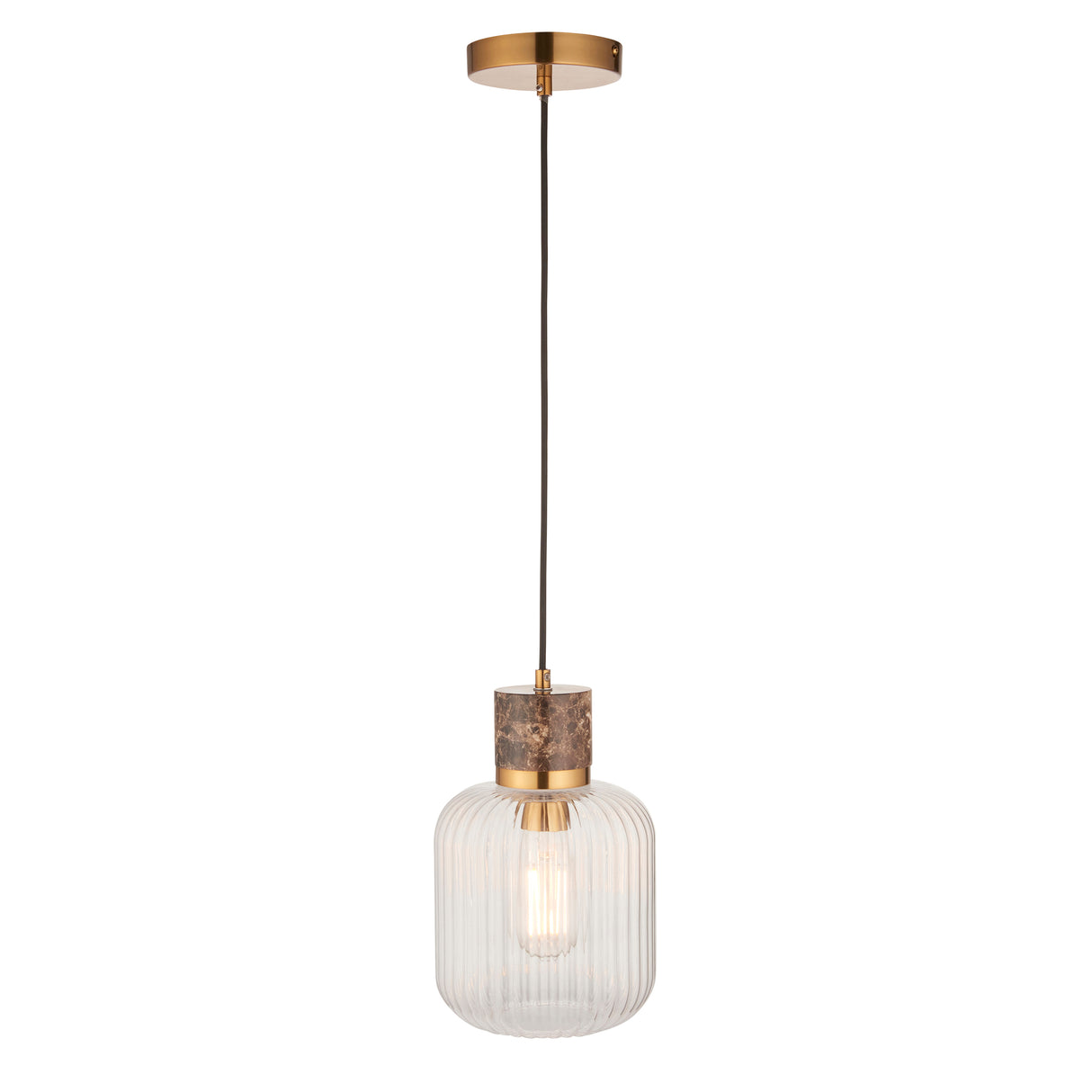 Endon Travi Ribbed Pendant Dark brown Emperador marble, vintage brass & clear ribbed glass
