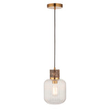 Endon Travi Ribbed Pendant Dark brown Emperador marble, vintage brass & clear ribbed glass