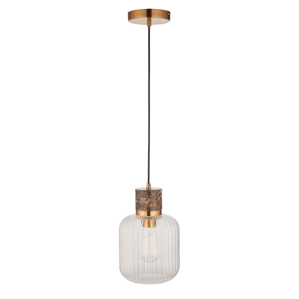 Endon Travi Ribbed Pendant Dark brown Emperador marble, vintage brass & clear ribbed glass