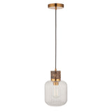 Endon Travi Ribbed Pendant Dark brown Emperador marble, vintage brass & clear ribbed glass