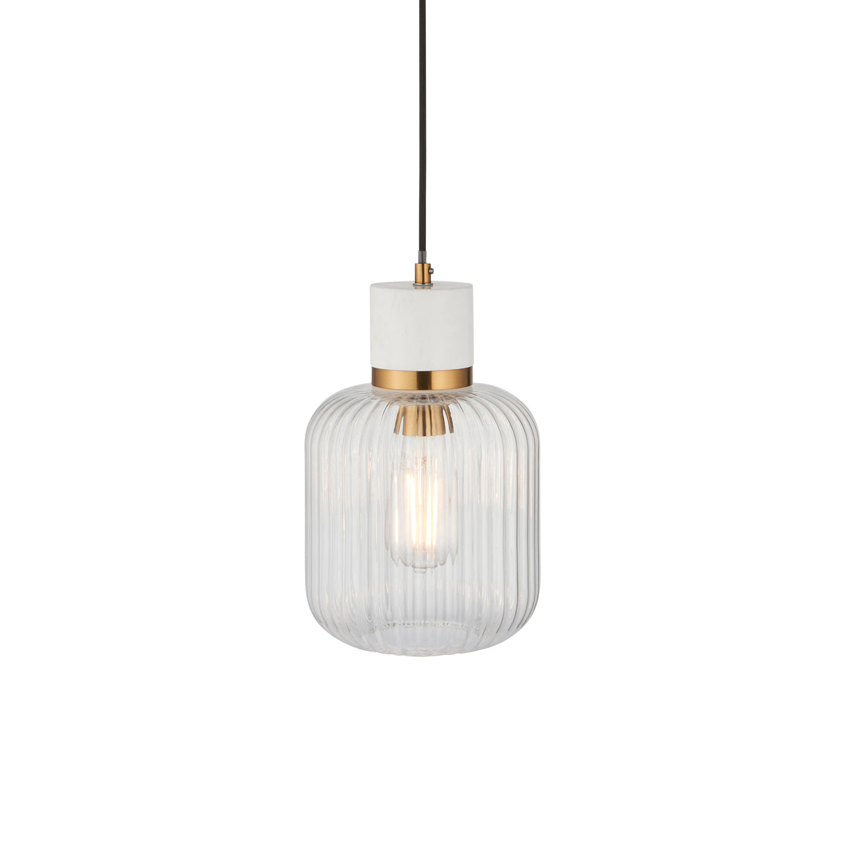Endon Travi Ribbed Pendant White volakas marble, vintage brass & clear ribbed glass
