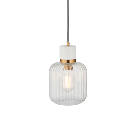 Endon Travi Ribbed Pendant White volakas marble, vintage brass & clear ribbed glass