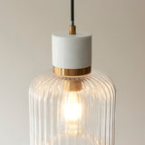 Endon Travi Ribbed Pendant White volakas marble, vintage brass & clear ribbed glass