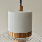 Endon Travi Ribbed Pendant White volakas marble, vintage brass & clear ribbed glass