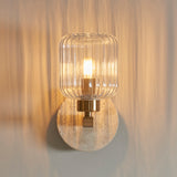 Endon Travi Ribbed Wall Beige textured marble, vintage brass & clear ribbed glass