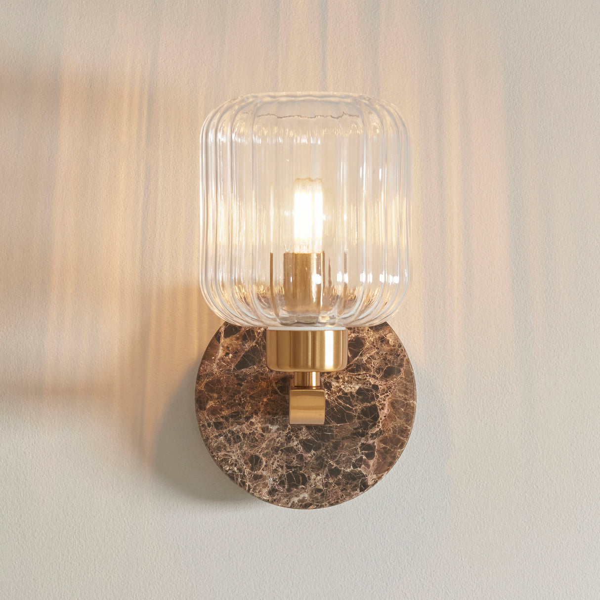 Endon Travi Ribbed Wall Dark brown Emperador marble, vintage brass & clear ribbed glass