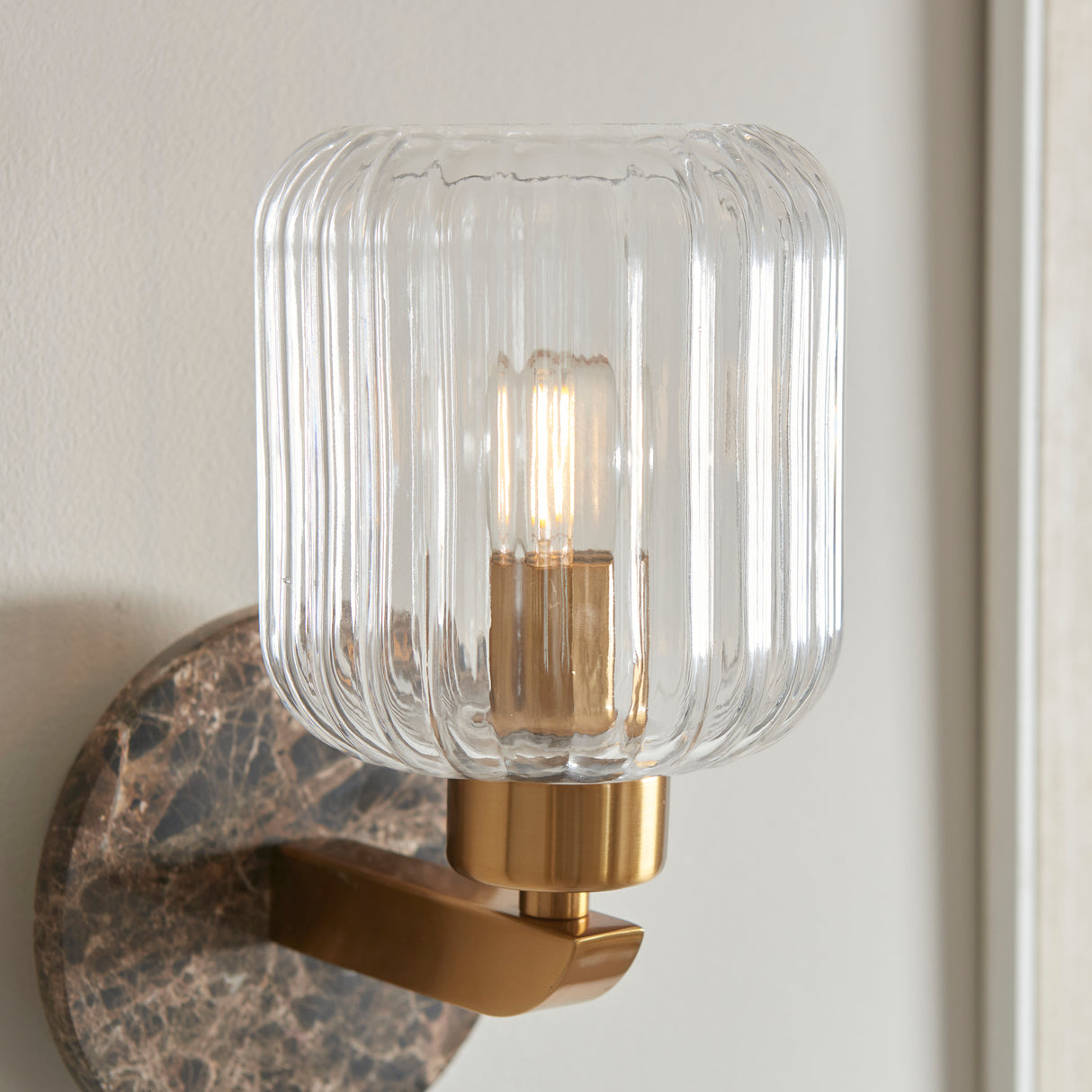 Endon Travi Ribbed Wall Dark brown Emperador marble, vintage brass & clear ribbed glass