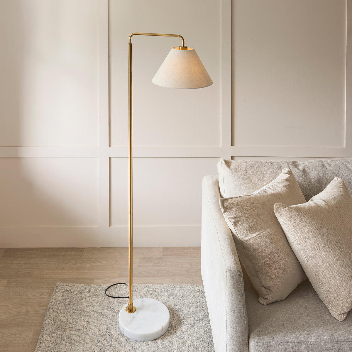 Endon Wallbridge Floor Brushed aged brass plate, white marble & natural faux linen