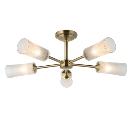 Endon Avelyn 5lt Semi Flush Antique brass plate & clear ribbed glass