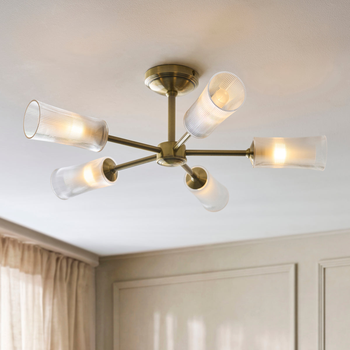Endon Avelyn 5lt Semi Flush Antique brass plate & clear ribbed glass