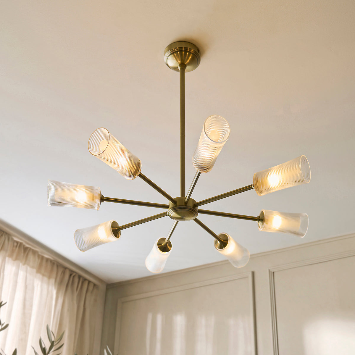Endon Avelyn 8lt Pendant Antique brass plate & clear ribbed glass