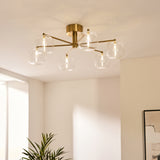 Endon Oslo 6lt Semi Flush Brushed aged brass plate & clear glass
