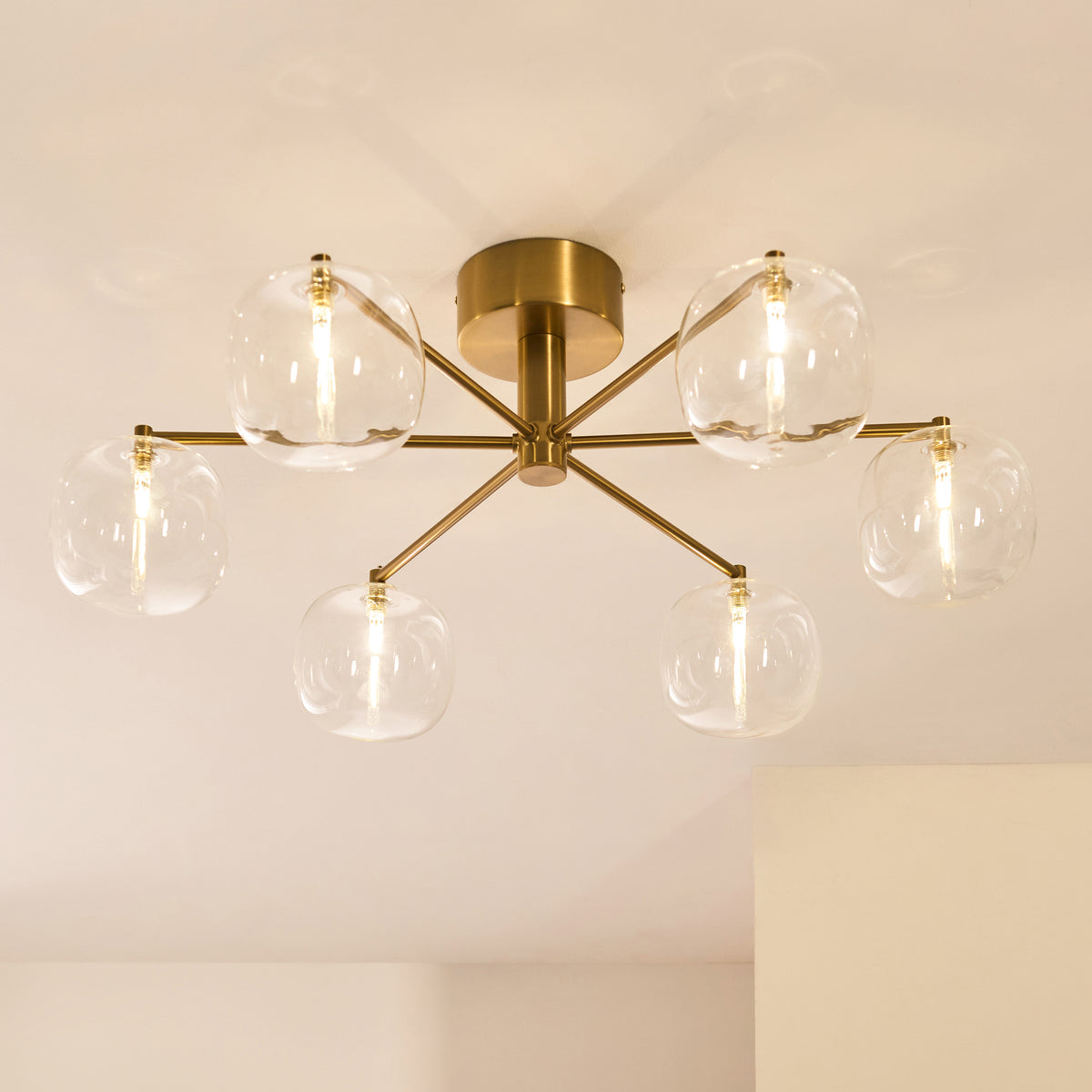 Endon Oslo 6lt Semi Flush Brushed aged brass plate & clear glass