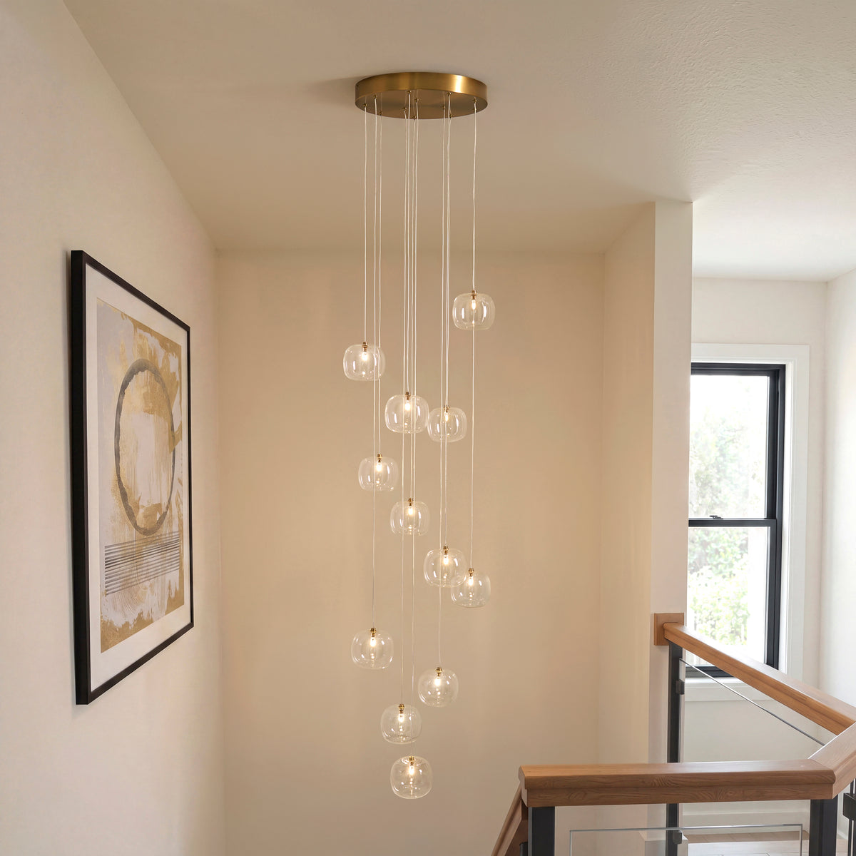Endon Oslo 12lt Cascade Pendant Brushed aged brass plate & clear glass