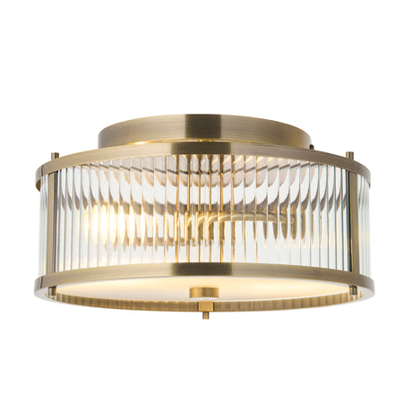 Endon Ridgeton IP44 2lt Flush Antique brass plate, clear ribbed & frosted glass