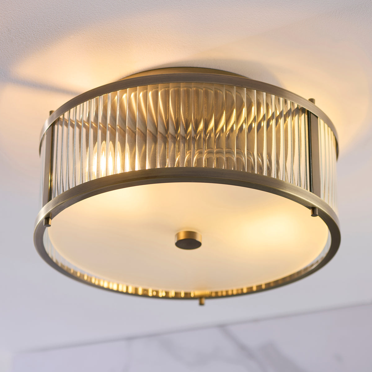 Endon Ridgeton IP44 2lt Flush Antique brass plate, clear ribbed & frosted glass