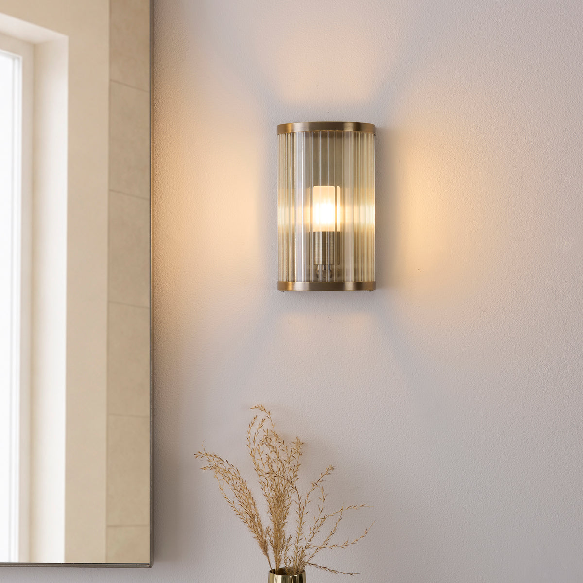 Endon Ridgeton IP44 Wall Antique brass plate & clear ribbed glass