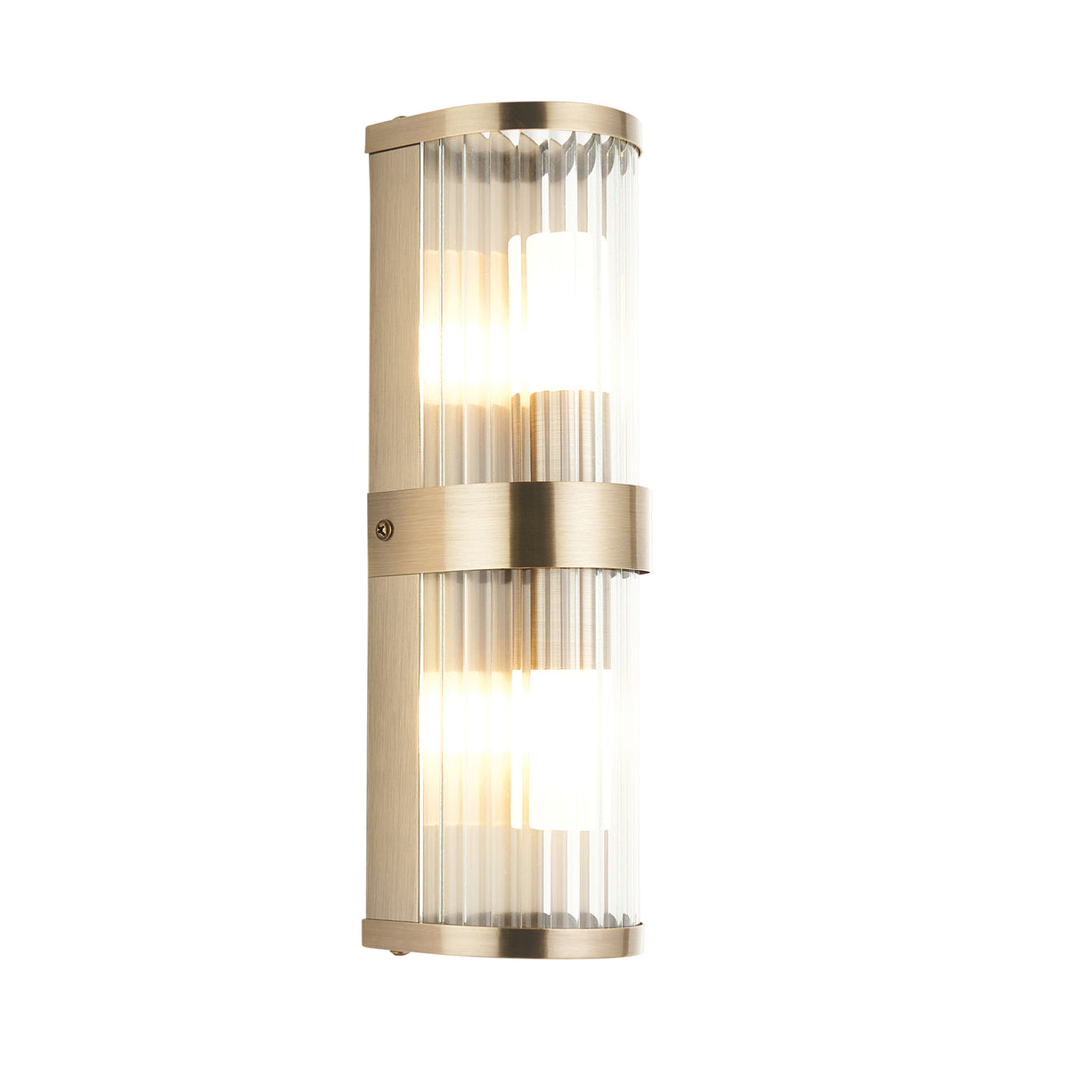 Endon Ridgeton IP44 2lt Wall Antique brass plate & clear ribbed glass