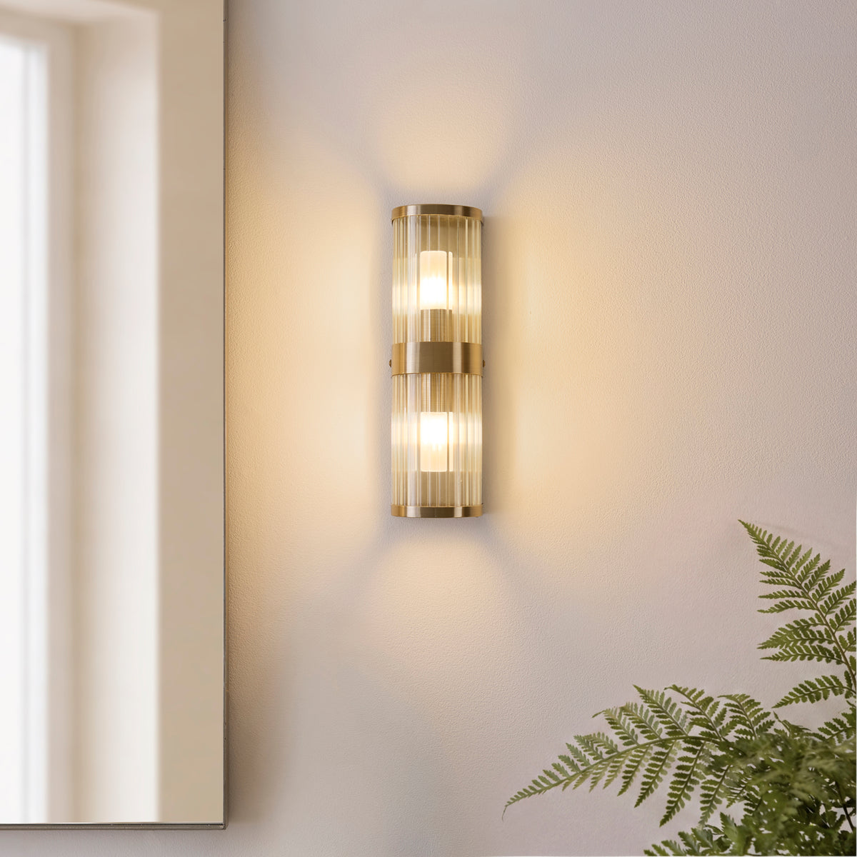 Endon Ridgeton IP44 2lt Wall Antique brass plate & clear ribbed glass