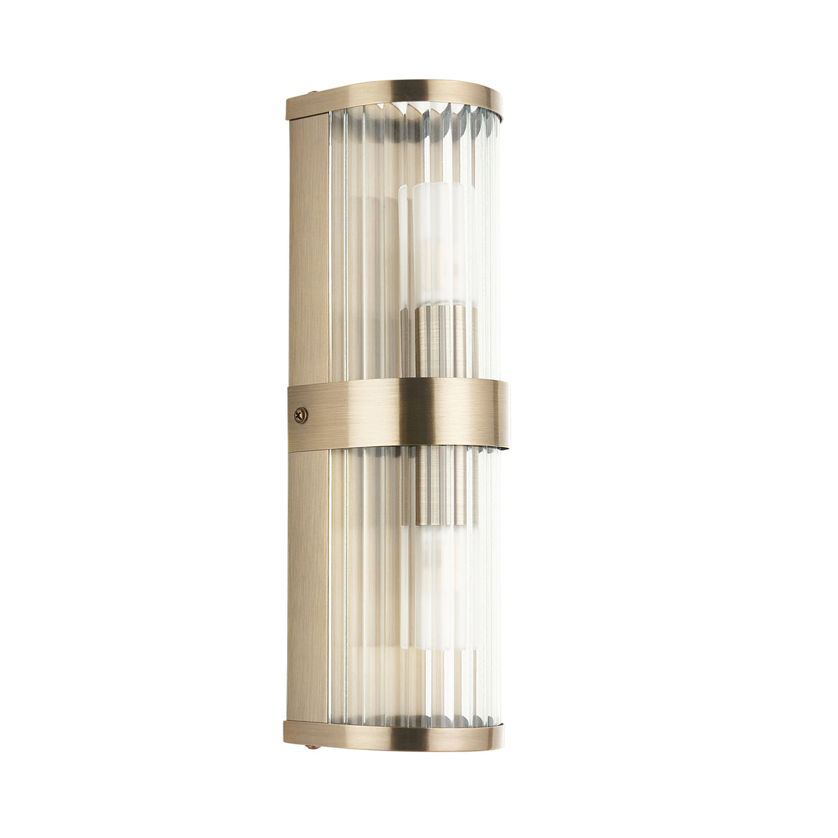 Endon Ridgeton IP44 2lt Wall Antique brass plate & clear ribbed glass