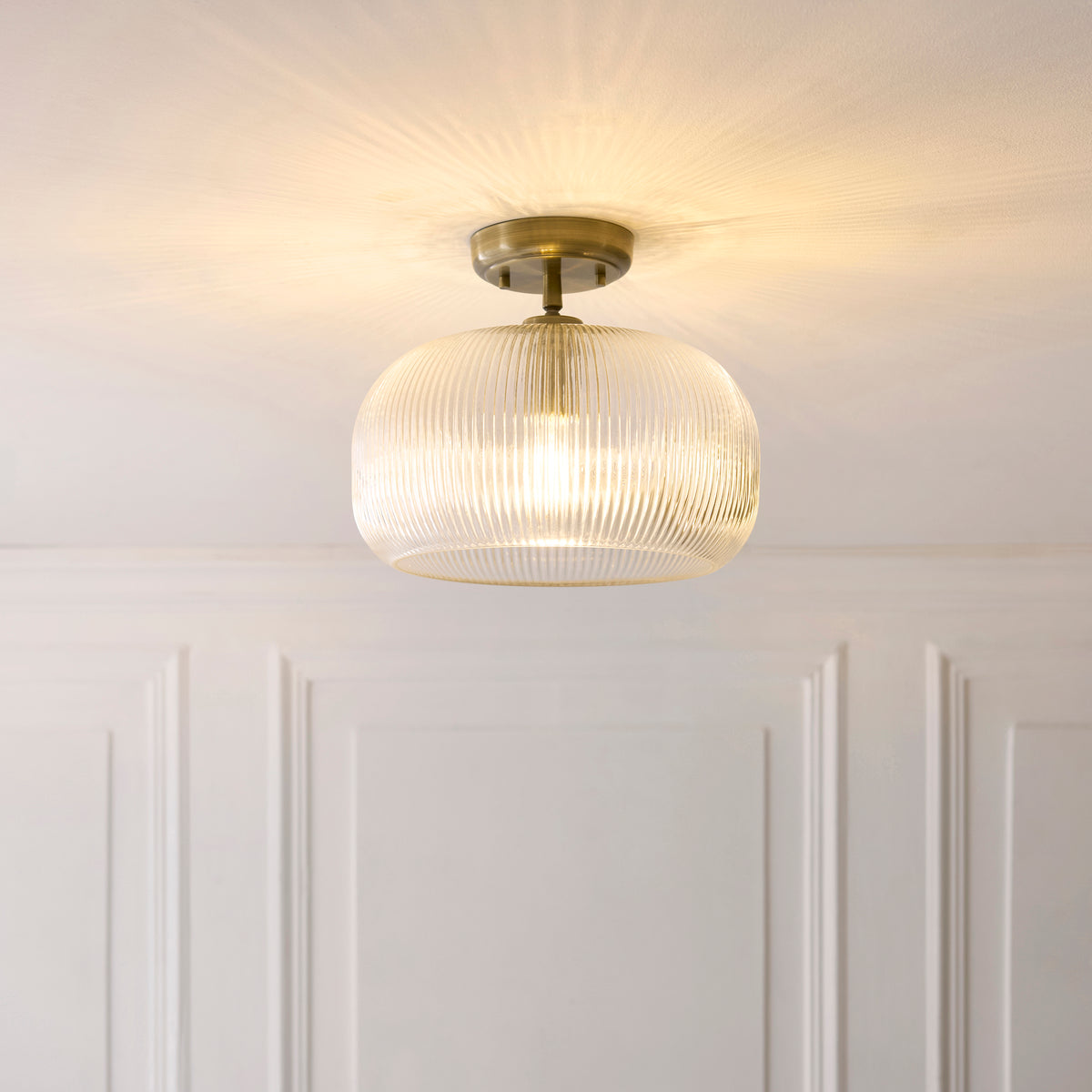 Endon Harborne Flush Antique brass plate & clear ribbed glass