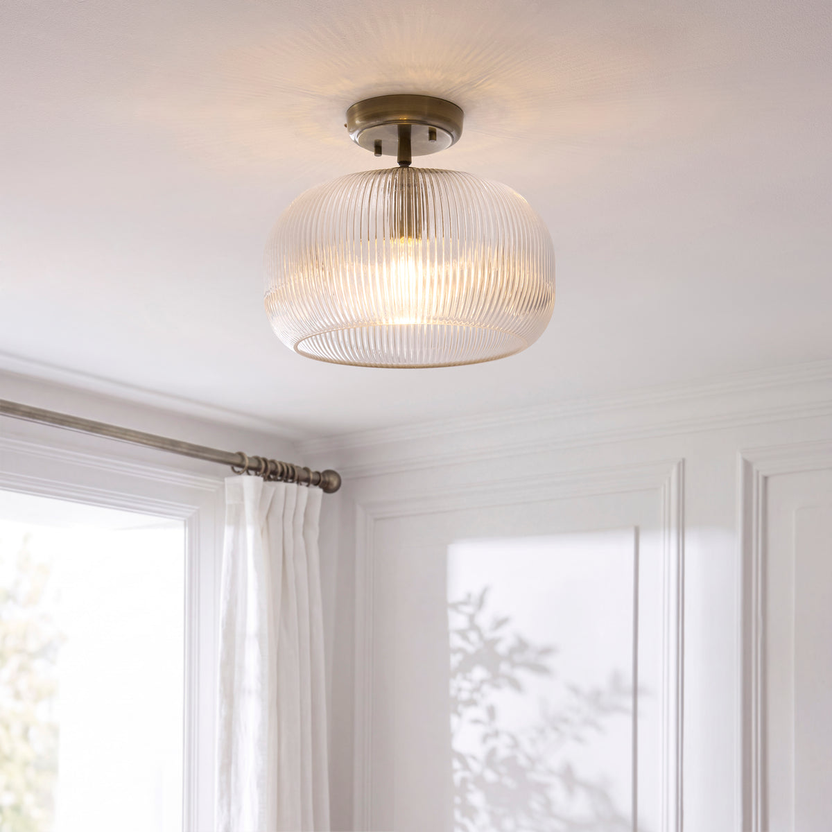 Endon Harborne Flush Antique brass plate & clear ribbed glass