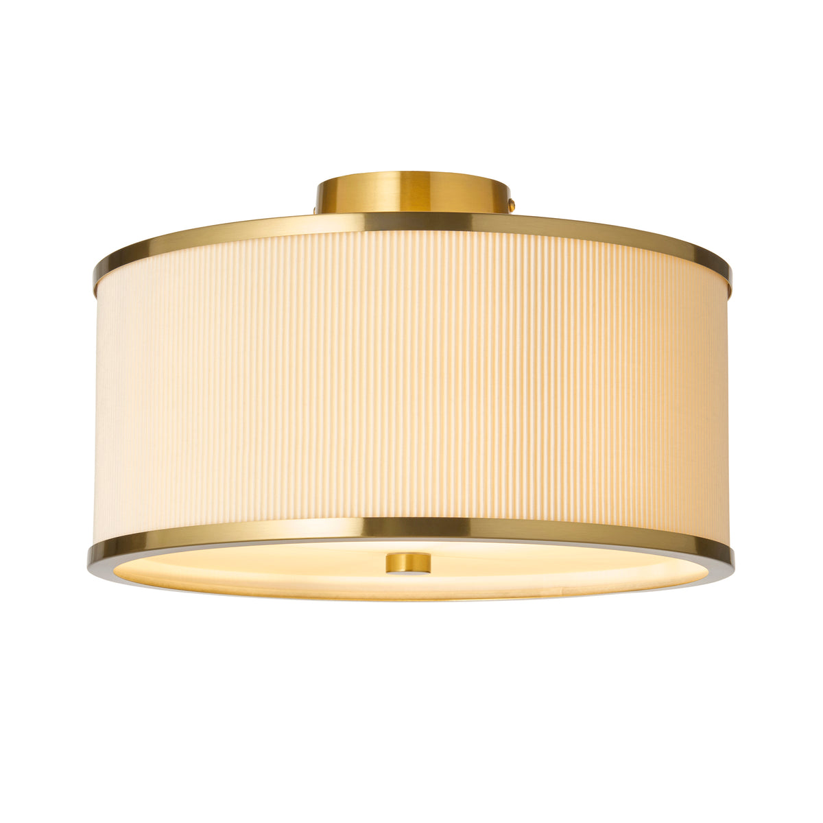 Endon Lexi Flush Ivory fabric, brushed aged brass & frosted glass