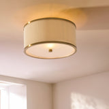 Endon Lexi Flush Ivory fabric, brushed aged brass & frosted glass