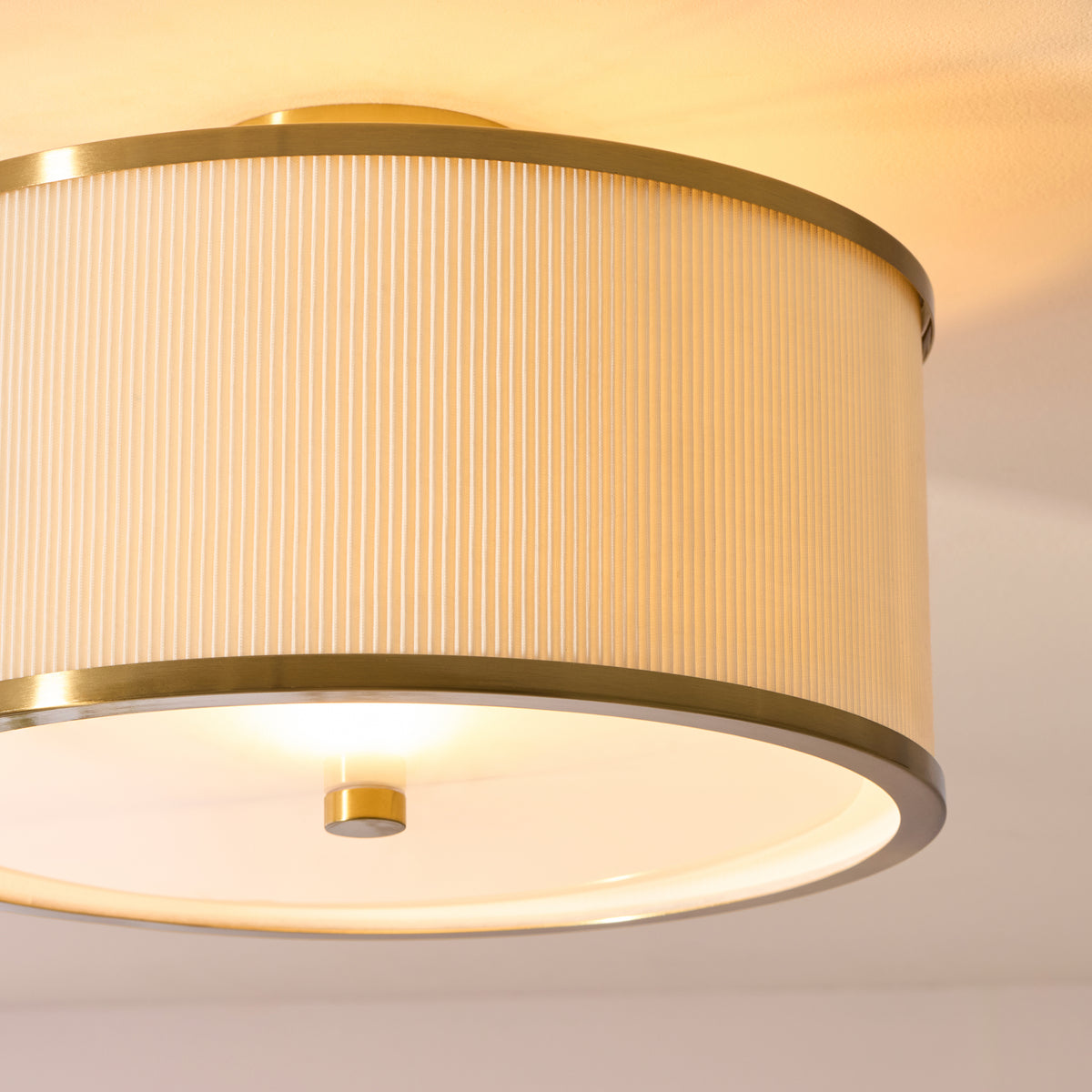 Endon Lexi Flush Ivory fabric, brushed aged brass & frosted glass