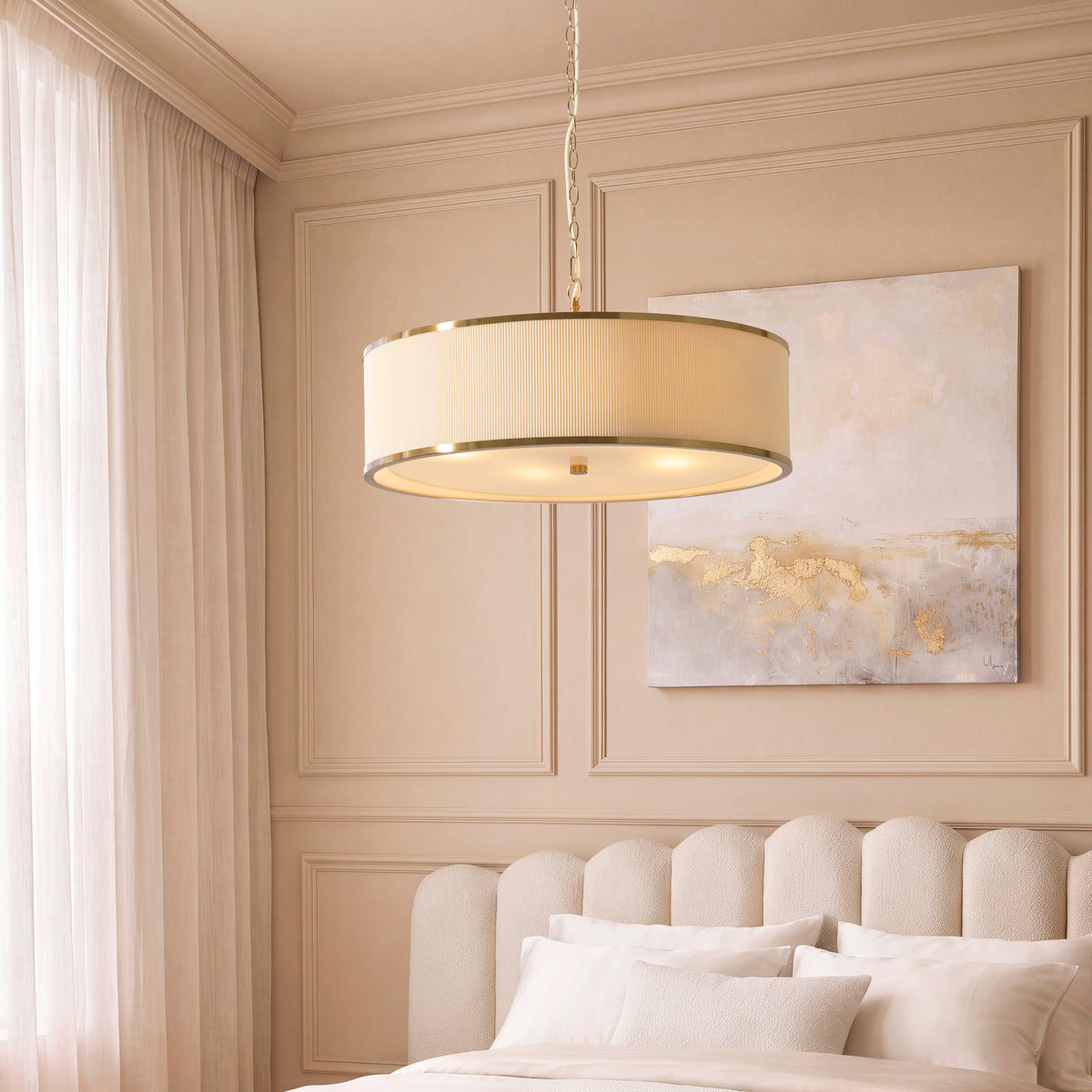 Endon Lexi 5lt Pendant Ivory fabric, brushed aged brass & frosted glass