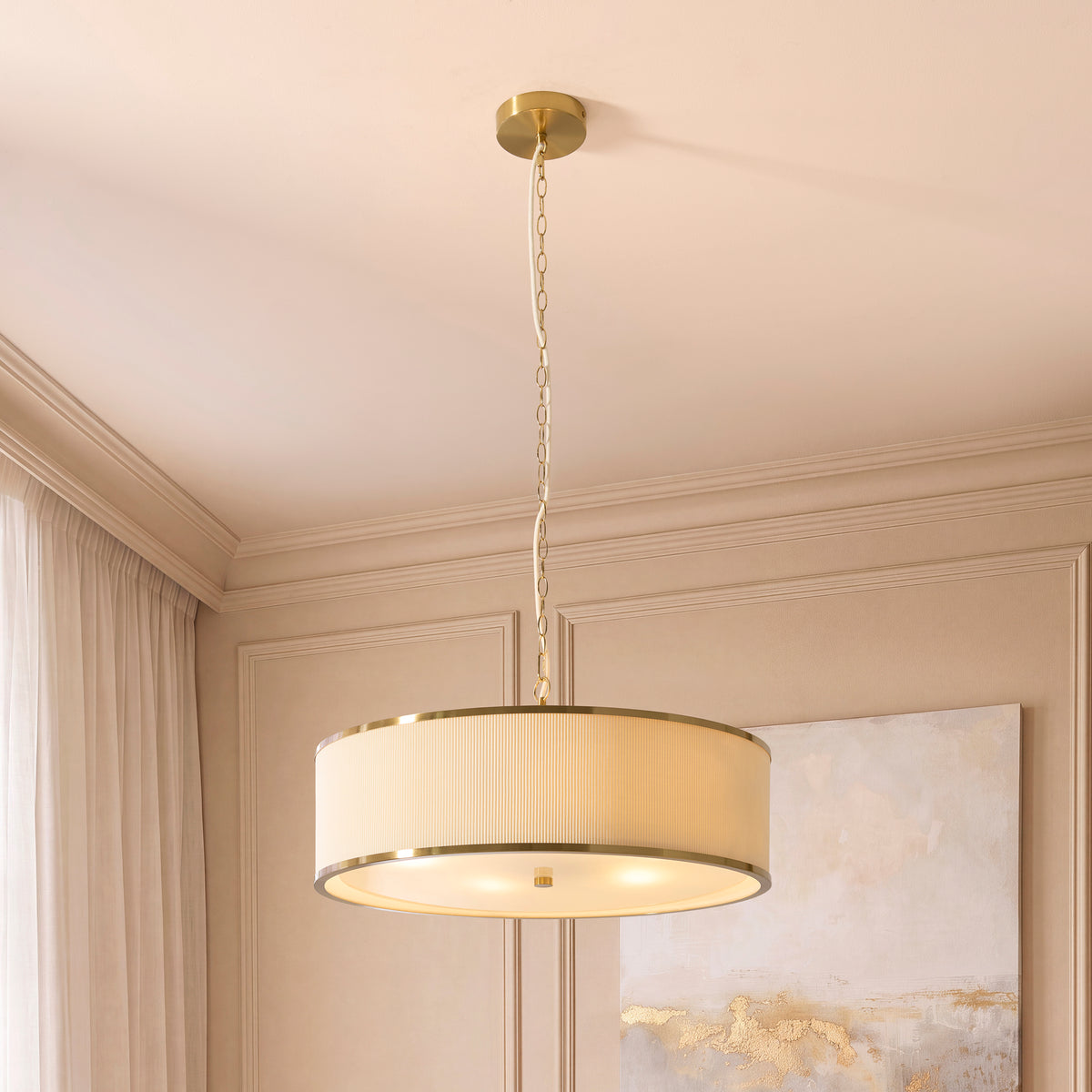 Endon Lexi 5lt Pendant Ivory fabric, brushed aged brass & frosted glass