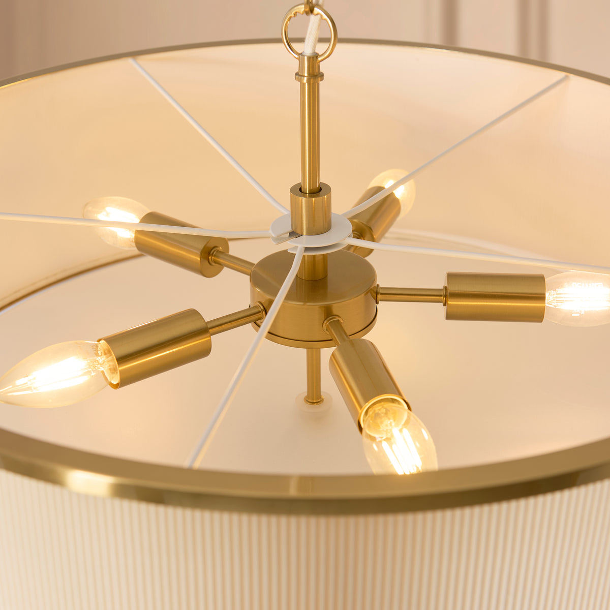 Endon Lexi 5lt Pendant Ivory fabric, brushed aged brass & frosted glass