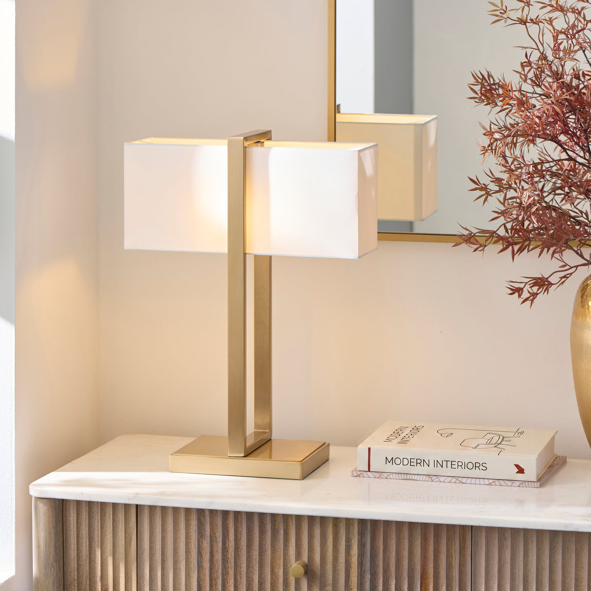 Endon Seattle Table Brushed aged brass plate & ivory cotton mix