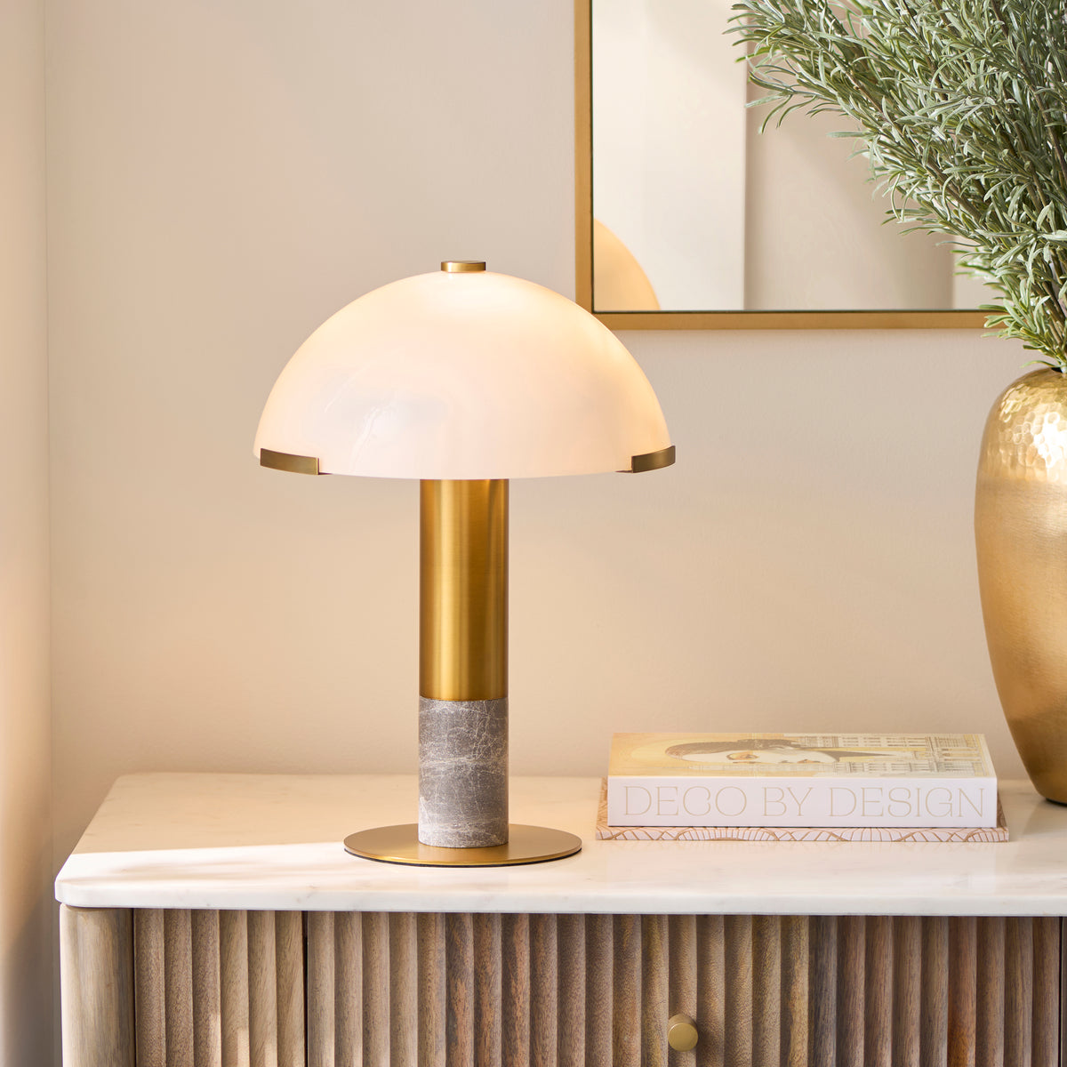 Endon Hansel Table Warm brass plate, grey marble & opal glass