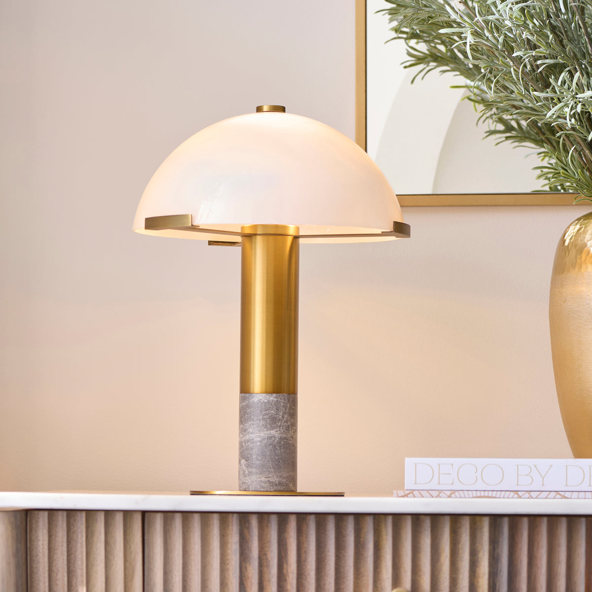 Endon Hansel Table Warm brass plate, grey marble & opal glass