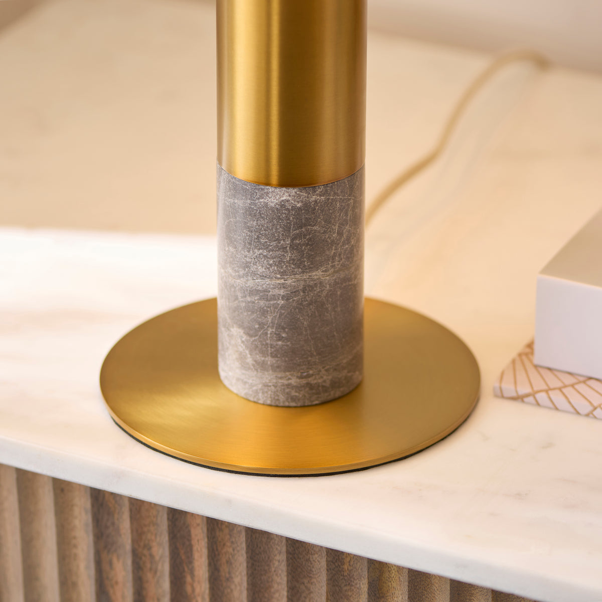Endon Hansel Table Warm brass plate, grey marble & opal glass