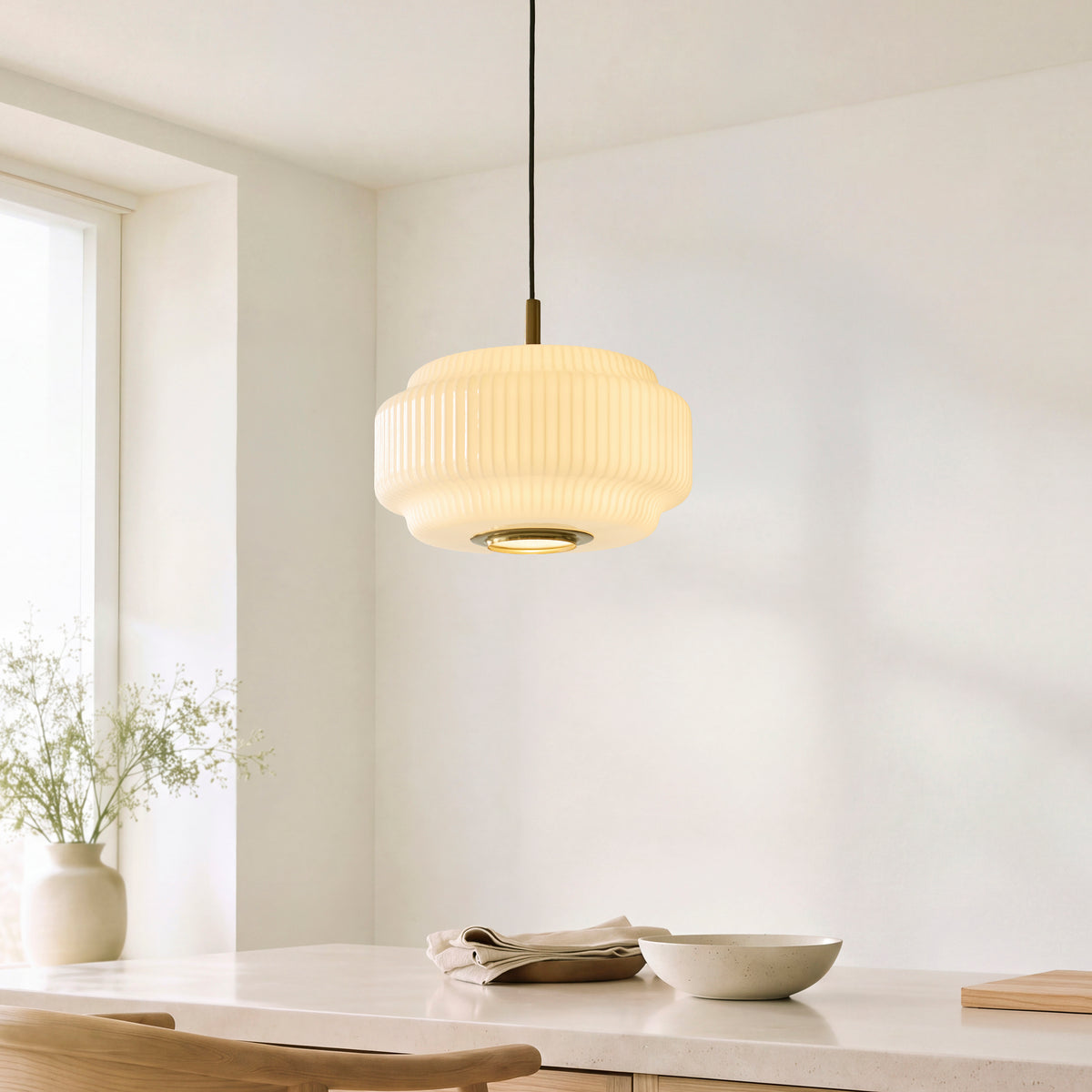 Endon Evora Pendant Brushed aged brass plate & opal ribbed glass