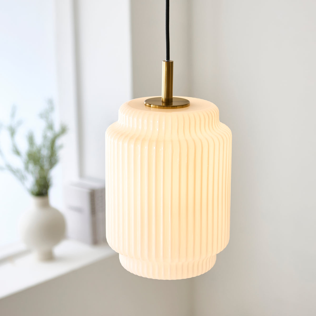 Endon Evora Slim Pendant Brushed aged brass plate & opal ribbed glass