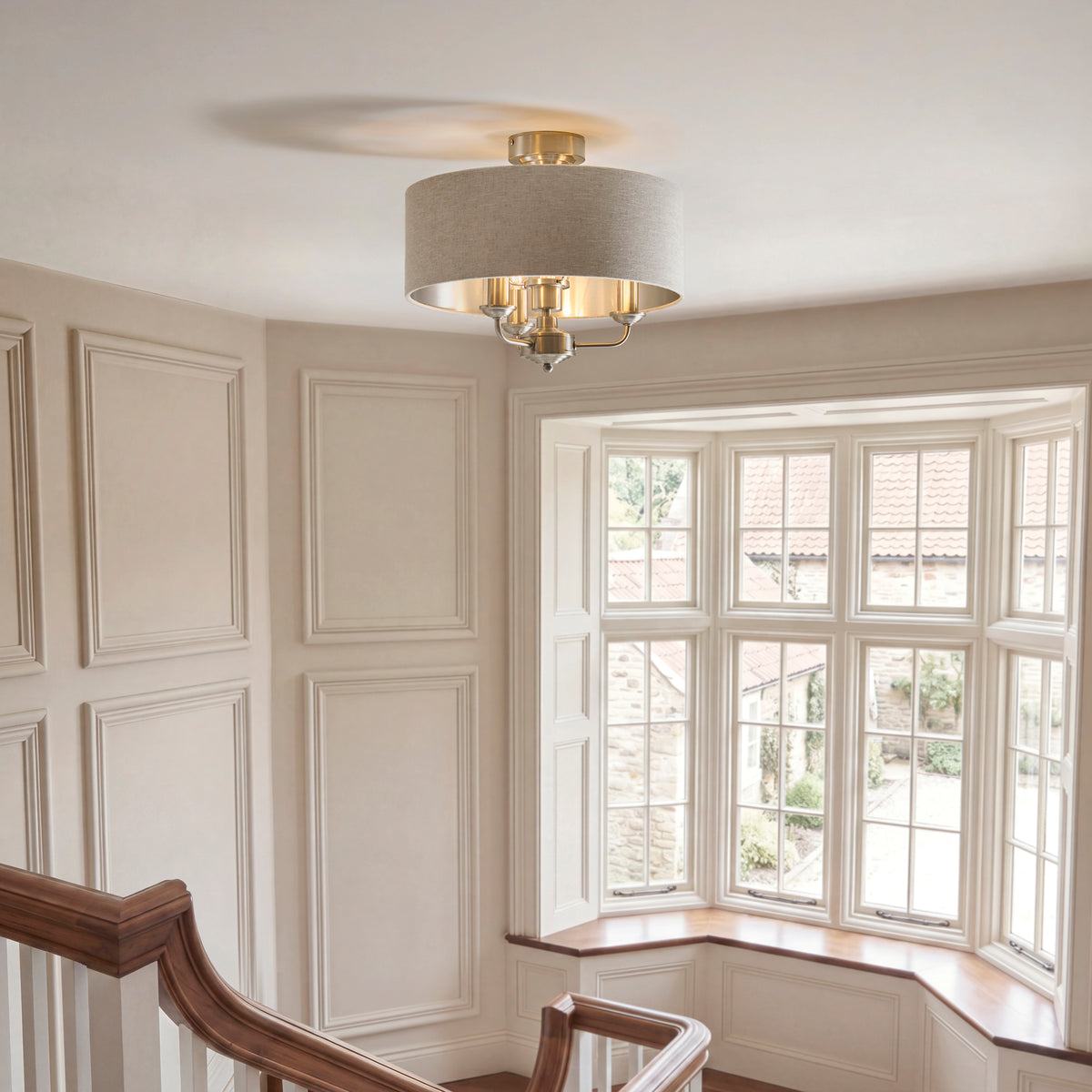 Endon Highclere 3lt Flush Brushed chrome plate & natural fabric