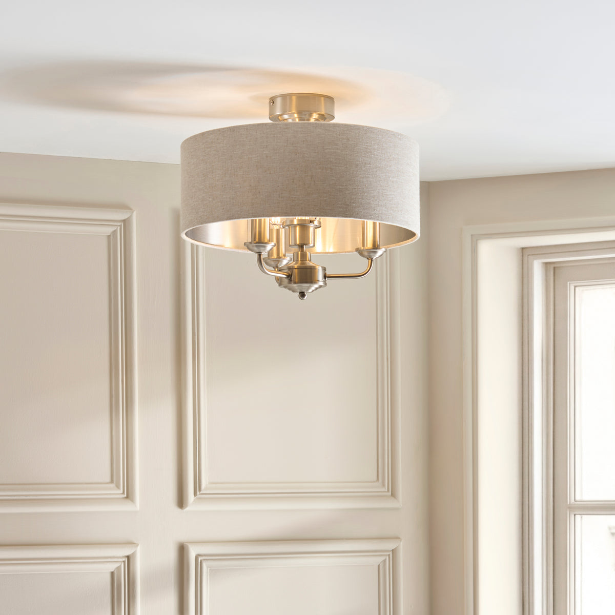 Endon Highclere 3lt Flush Brushed chrome plate & natural fabric