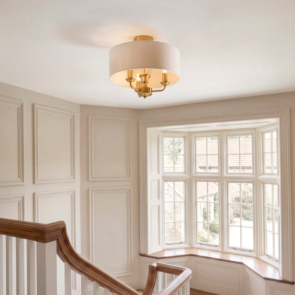 Endon Highclere 3lt Flush Vintage brass & natural linen