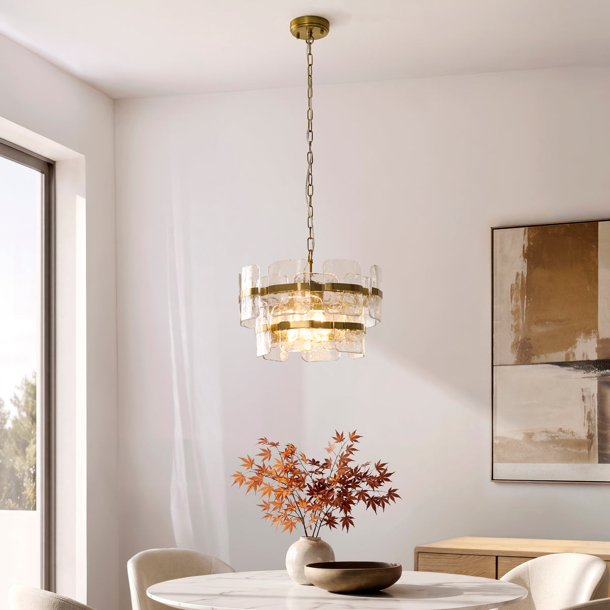 Endon Ancara 3lt Pendant Brushed aged brass plate & clear handmade textured glass