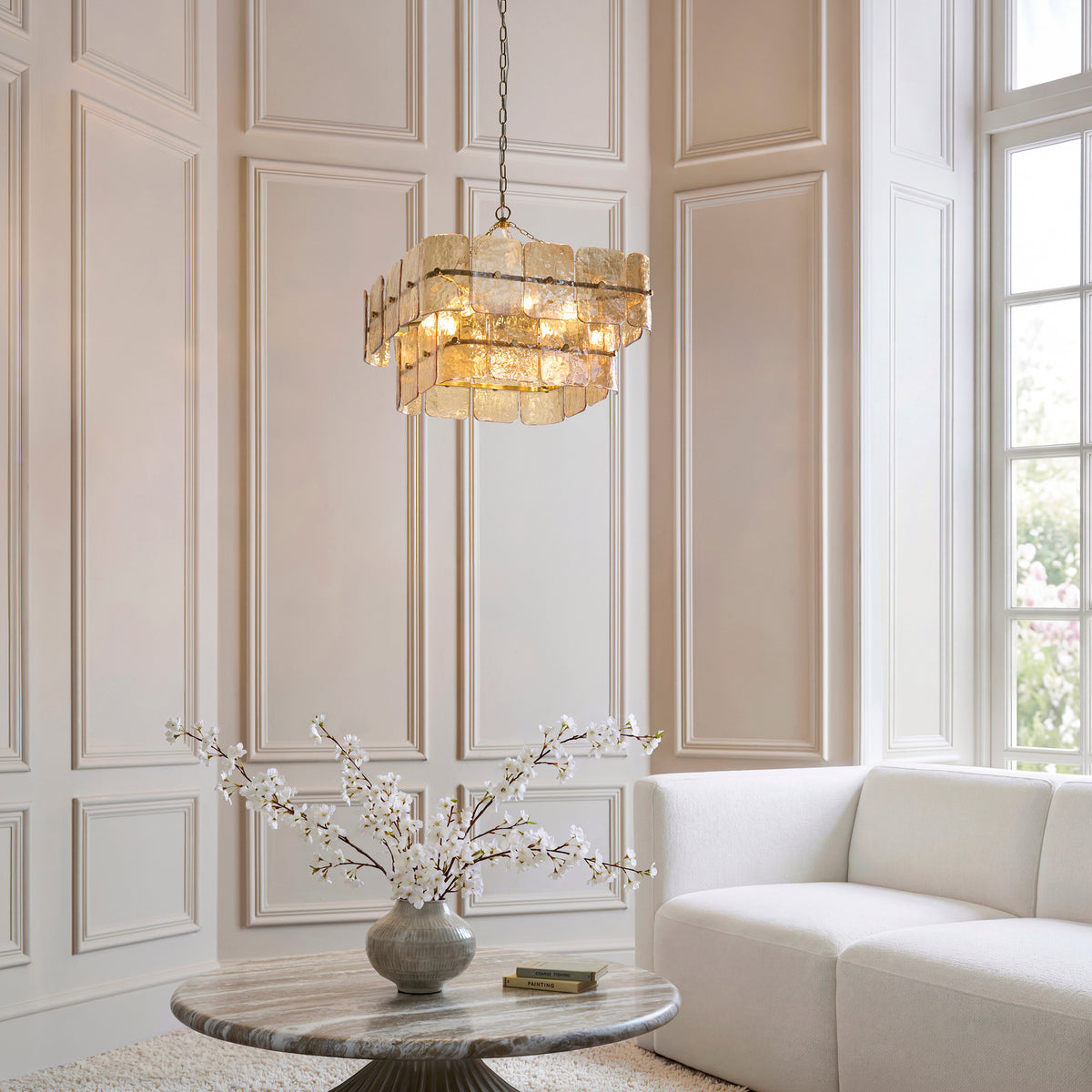 Endon Venice 6lt Pendant Brushed aged brass plate & champagne handmade textured glass
