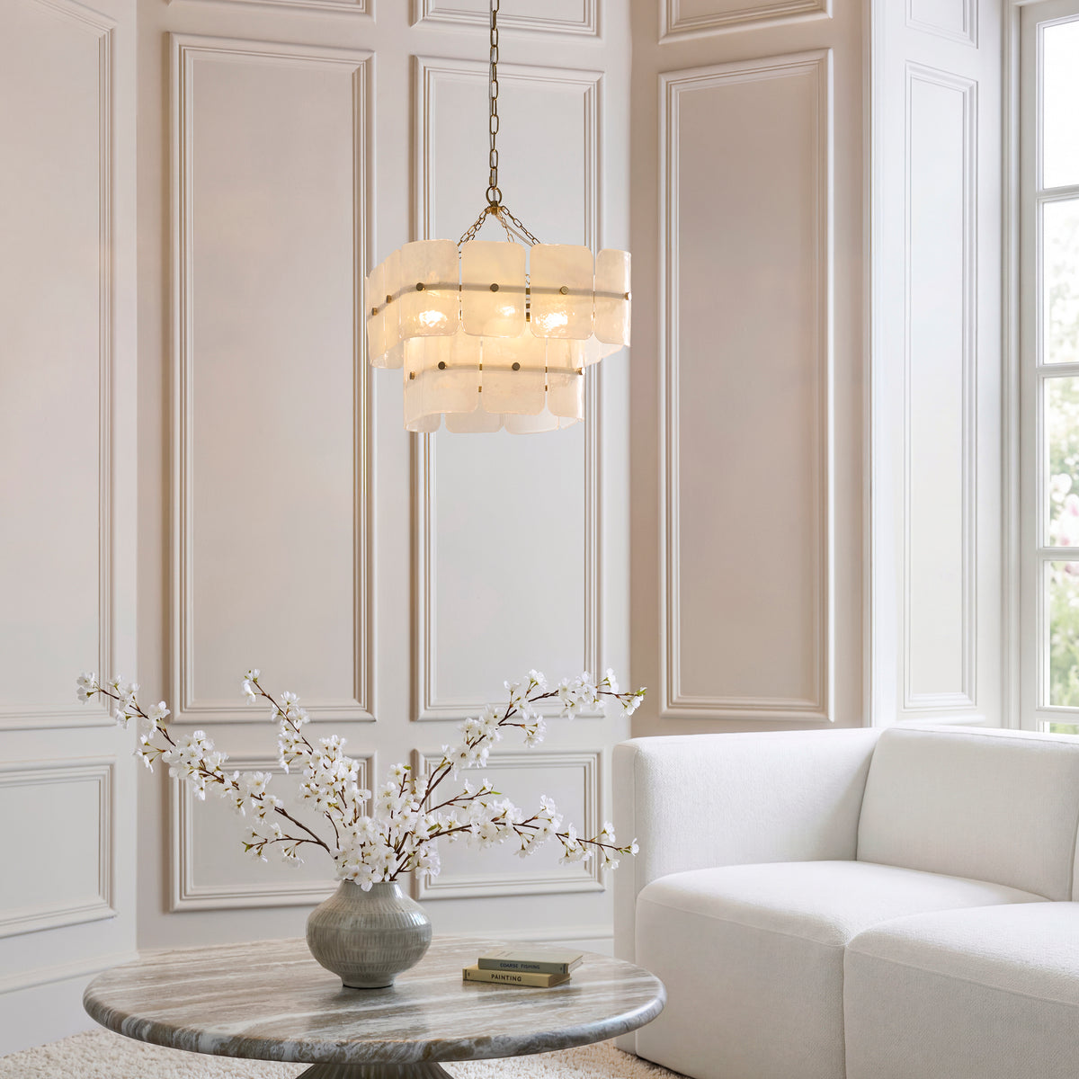 Endon Venice 4lt Pendant Brushed aged brass plate & white handmade textured glass