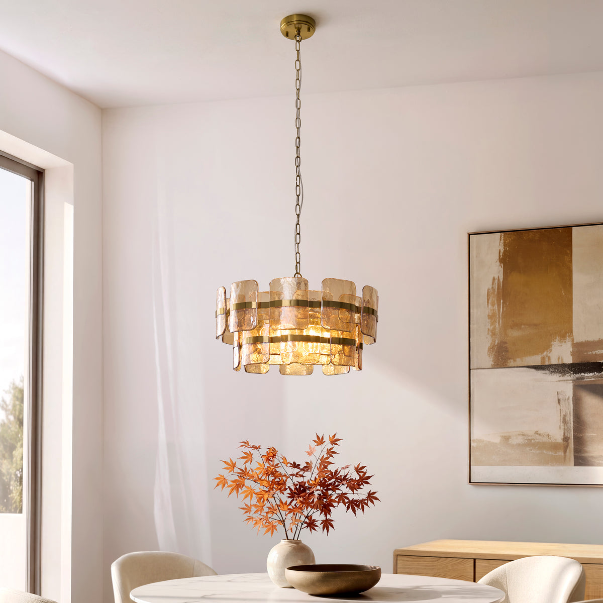 Endon Ancara 6lt Pendant Brushed aged brass plate & champagne handmade textured glass