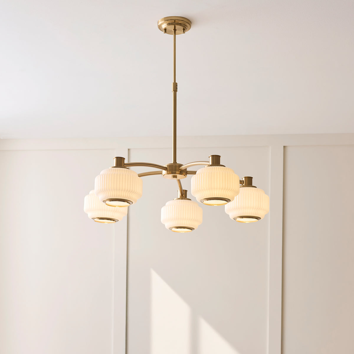 Endon Evora 5lt Pendant Brushed aged brass plate & opal ribbed glass