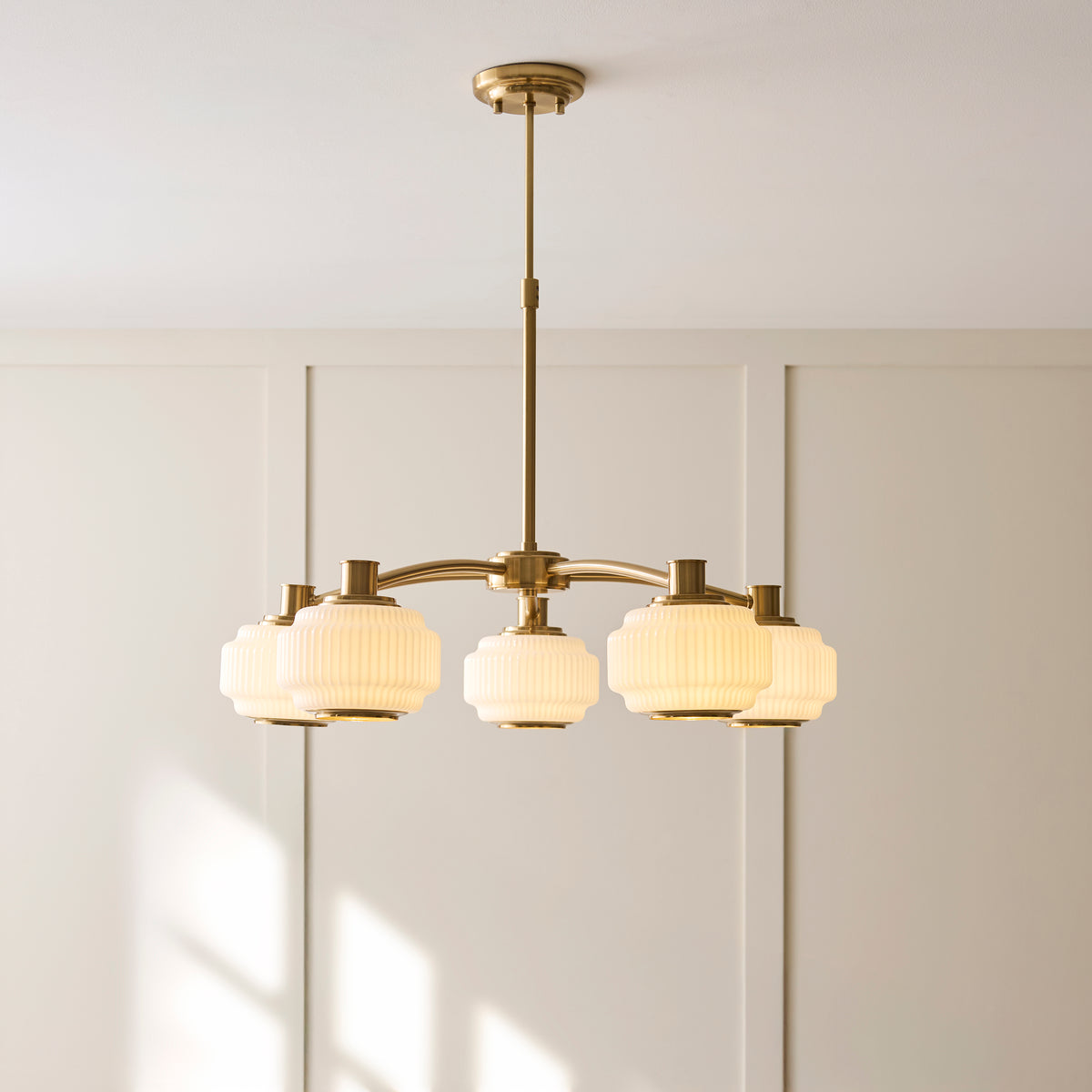 Endon Evora 5lt Pendant Brushed aged brass plate & opal ribbed glass